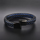 Blue Stitched Black Leather Bracelet for Men