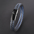 Blue Stitched Black Leather Bracelet for Men
