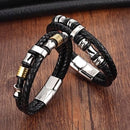 Double Layer Braided Leather Bracelet Men's - Steel Beads