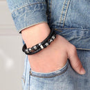 Double Layer Braided Leather Bracelet Men's - Steel Beads