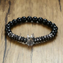 Mens Beaded Bracelet w/ Crown | Black Carnelian Hematite Beads
