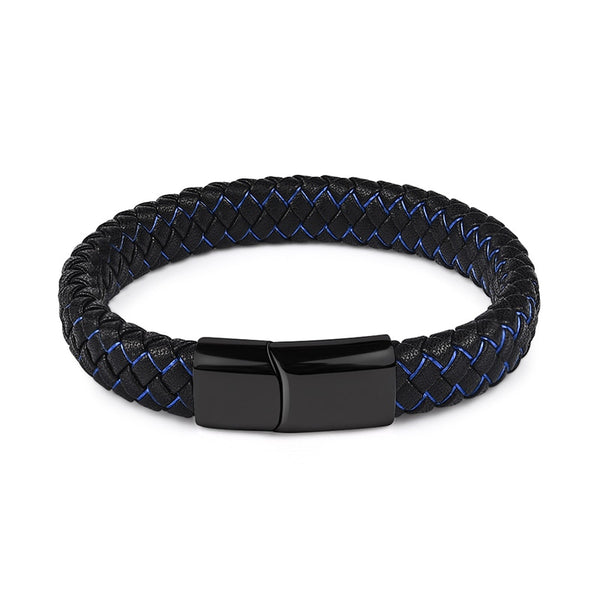 Blue Stitched Black Leather Bracelet for Men