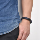 Blue Stitched Black Leather Bracelet for Men