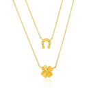 Layered Horseshoe Four Leaf Clover Necklace 14K Gold Pendant