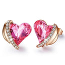 Angel Wing Heart Earrings w/ Swarovski Crystals | Stud - Rose Gold - Pink