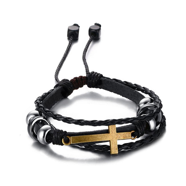 Mens Leather Cross Bracelet Black