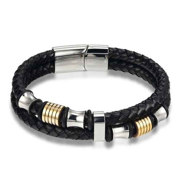 Double Layer Braided Leather Bracelet Men's - Steel Beads