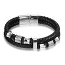 Double Layer Braided Leather Bracelet Men's - Steel Beads