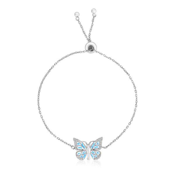 Butterfly Bracelet Sterling Silver Adjustable w/ Blue Enamel