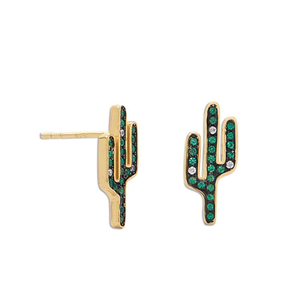 Gold Cactus Earrings in Sterling Silver w/ Green CZ [Stud]