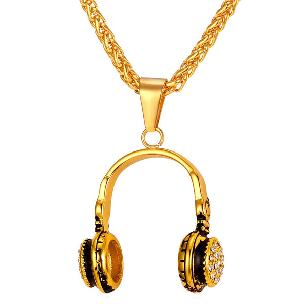 Headphone Necklace Stainless Steel Gold