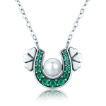 Horseshoe Necklace Sterling Silver Freshwater Pearl Green CZ