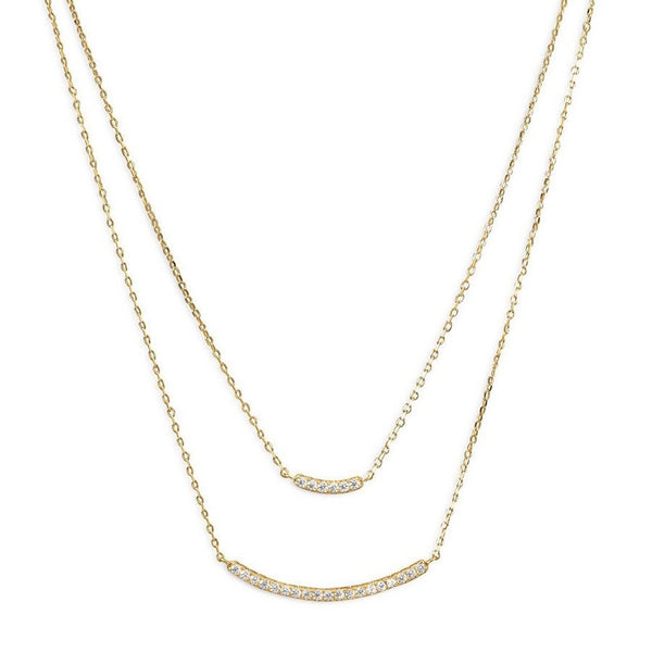 Layered Gold Bar Necklace | Curved Pendant w/ CZ