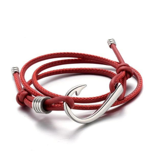 Leather Fish Hook Bracelet | Silver, Adjustable, Unisex, Red
