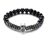 Mens Beaded Bracelet w/ Crown | Black Carnelian Hematite Beads
