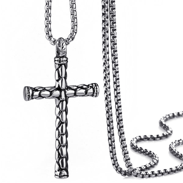 Mens Cross Necklace Silver Stainless Steel