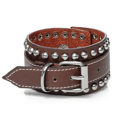Mens Leather Cuff Bracelet Studded - Brown