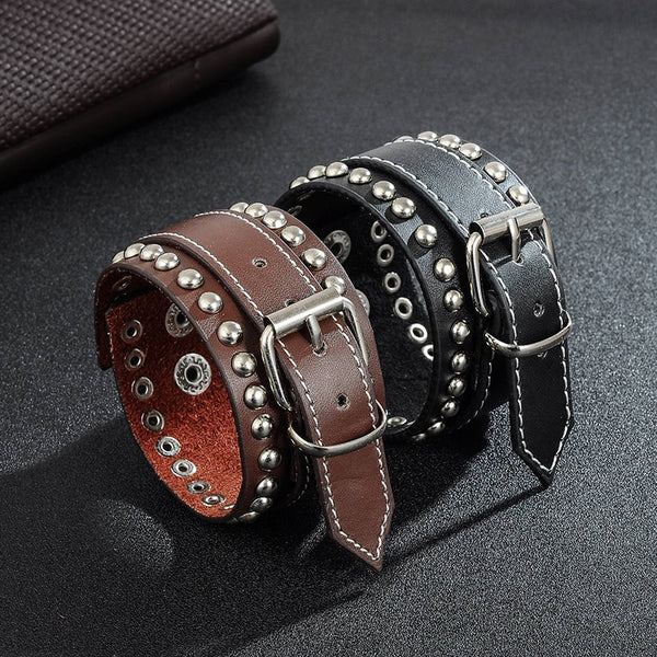 Silver Men's Leather Buckle Bracelet