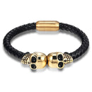 Mens Leather Skull Bracelet Gold