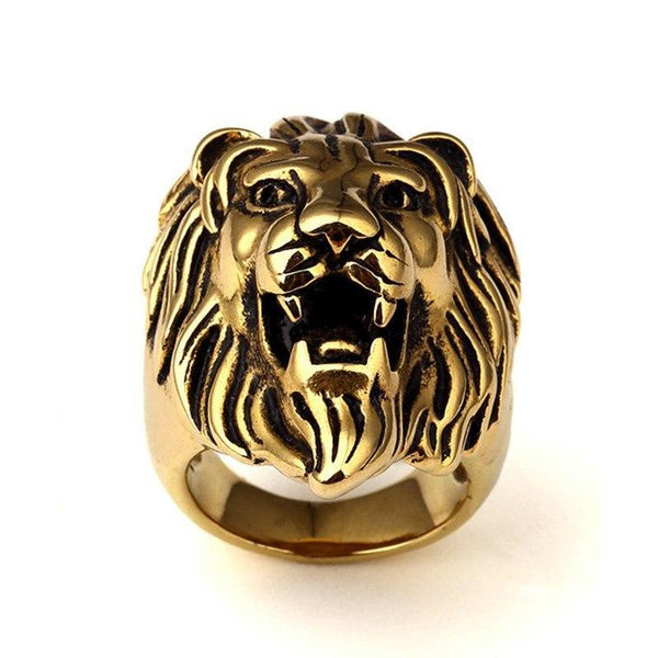 Mens Lion Ring Stainless Steel Gold