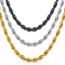 Mens Rope Chain - 3mm - Gold, Black, Silver