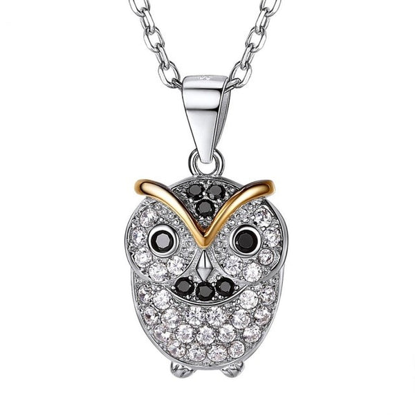 Owl Necklace Sterling Silver CZ Pave