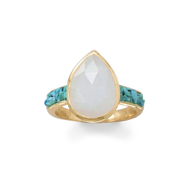 Pear Moonstone Ring w/ Turquoise | Sterling Silver, 14K Gold Plating