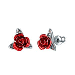 Stud Red Rose Earrings - Silver