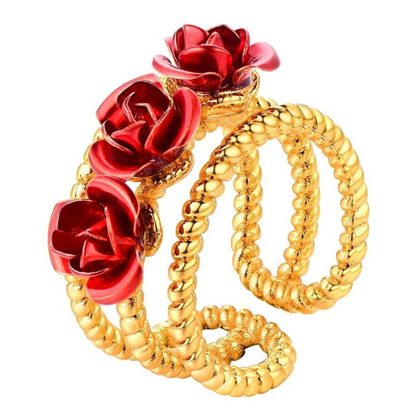 Womens Red Rose Ring Adjustable - Gold, Silver, Rose Gold