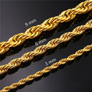 Mens Rope Chain - 3mm - 18K Gold, Black, Silver