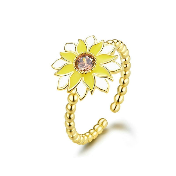 Gold Sunflower Ring Sterling Silver Adjustable